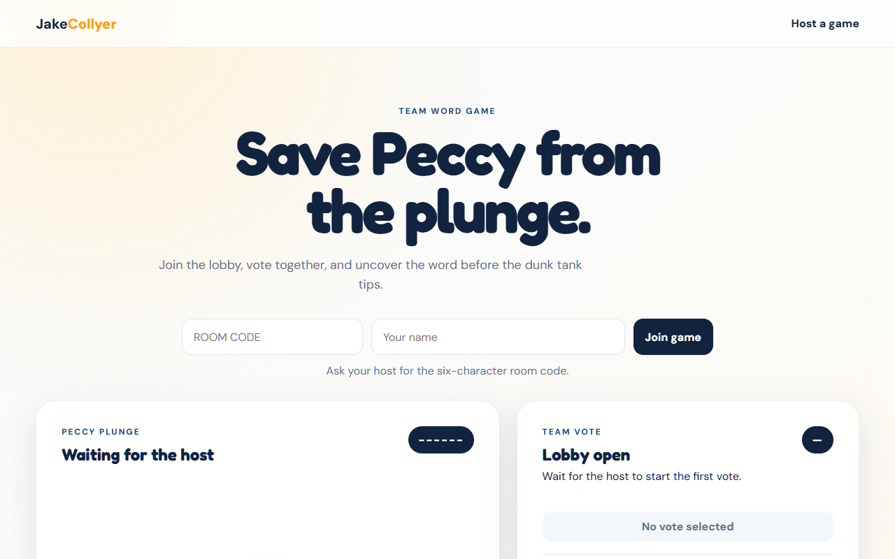 Peccy Plunge team word game screen